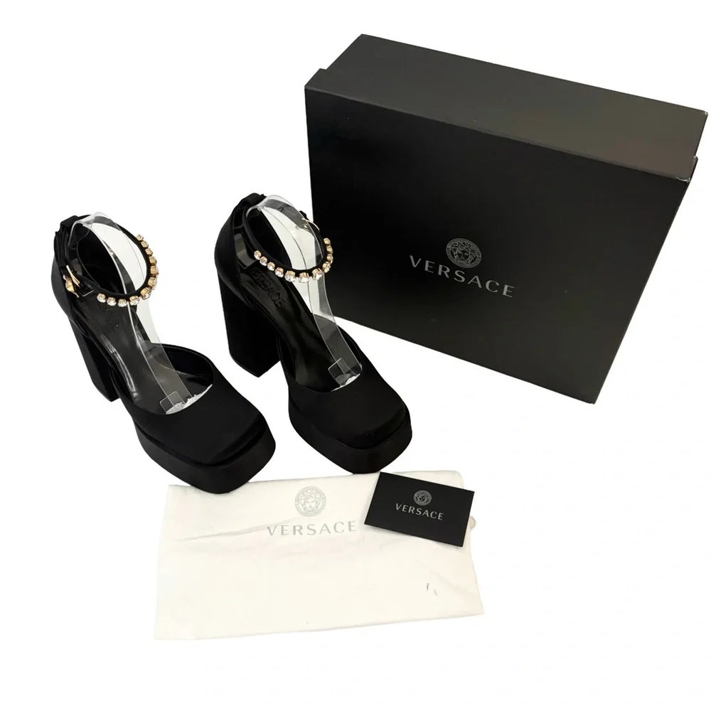 Versace Medusa Aevitas Black Satin Pumps Platform Crystal Heel EU 39.5 US 9.5
